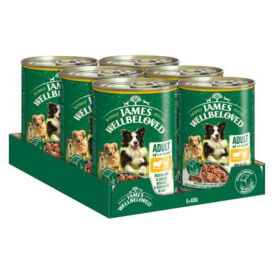 Lot de 6 boîtes James Wellbeloved Adult 1–7 years, riche en agneau et poulet, avec riz et légumes, 400 g chacune. Texte visible : Naturally healthy, hypoallergenic for pets with sensitivities.